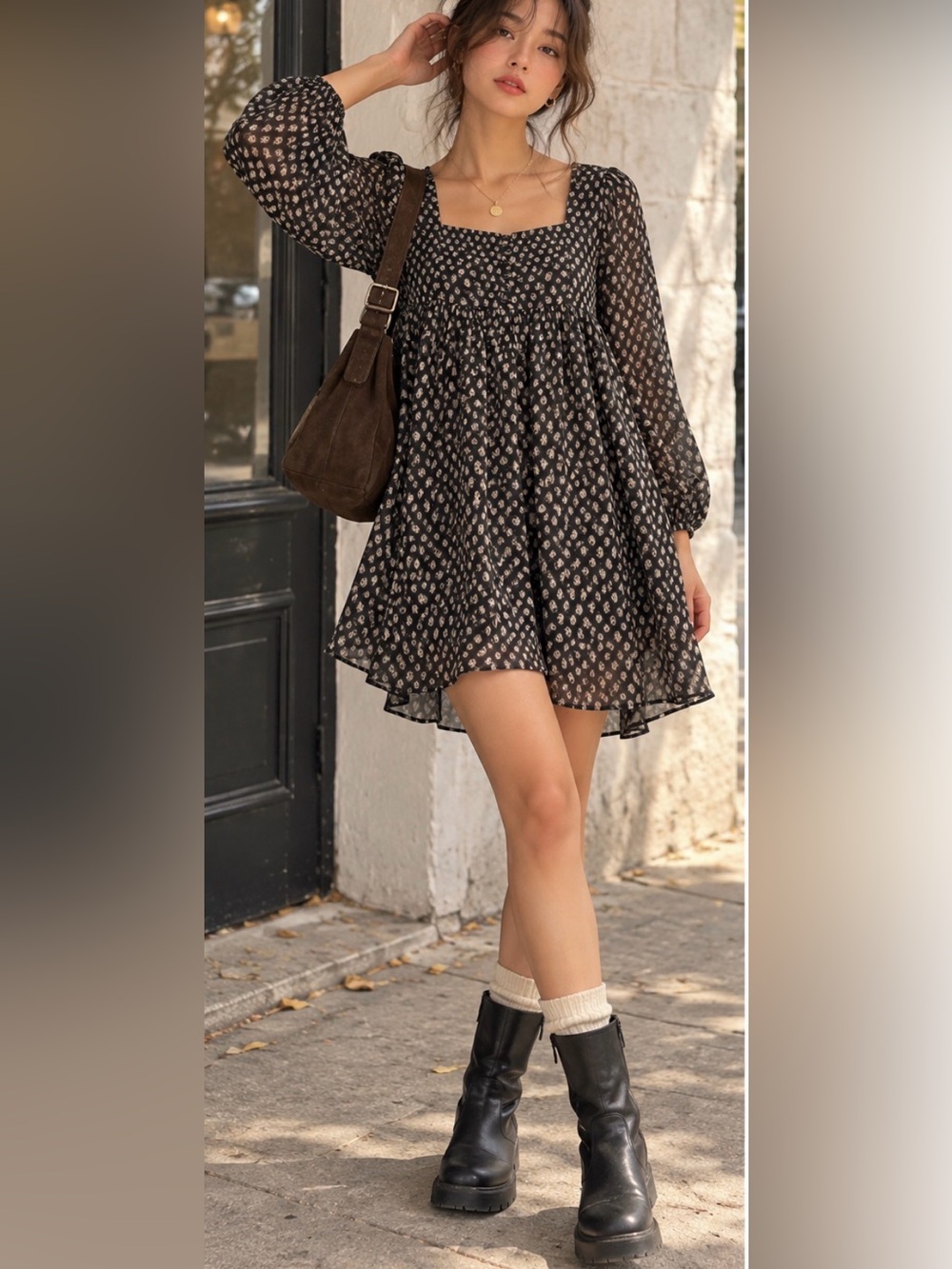 Afternoon Korea Black Printed Smocked Babydoll Dress y2k k-pop chiffon coquette
